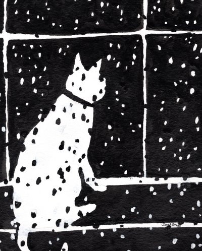 Gato na janela durante uma tempestade de neve, c.2019 (tinta sobre papel) de Janel Bragg