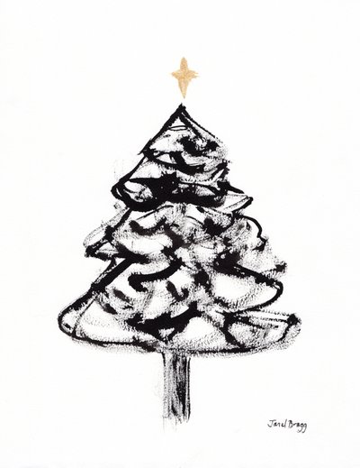 Árvore de Natal com tinta sumi e cruz dourada, c.2021 (tinta sumi e aguarela sobre papel) de Janel Bragg
