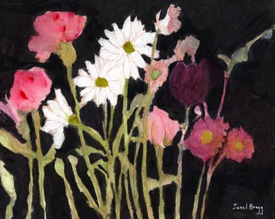 Floral com Margaridas, c. 2024 (carvão, aguarela, caseína e lápis sobre papel) de Janel Bragg