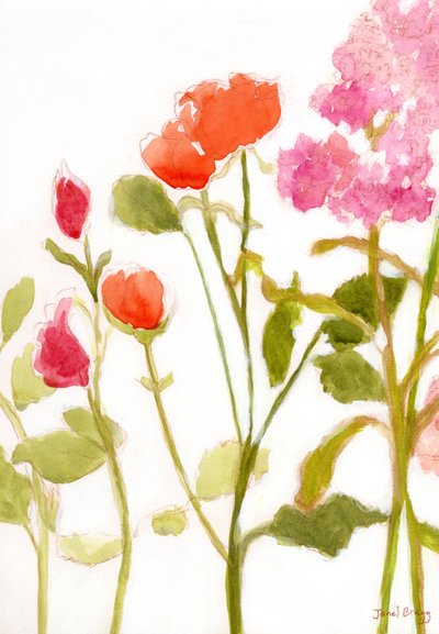 Floral com rosas cor de laranja e cor-de-rosa, c. 2024 (aguarela e caseína sobre papel) de Janel Bragg