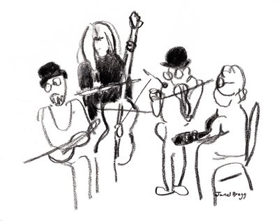 Músicos no Festival Vitoriano, c.2021 (carvão sobre papel) de Janel Bragg