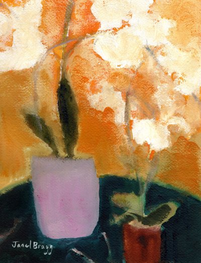 Orquídeas sobre mesa verde, c.2021 (aguarela sobre papel) de Janel Bragg