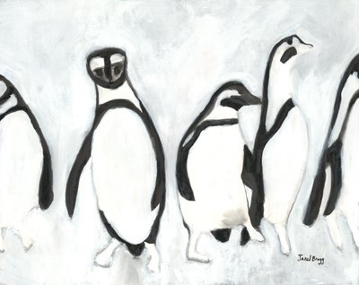 Pinguins no Jardim Zoológico de Woodland Park, c.2021 (tinta sumi e gesso sobre papel) de Janel Bragg