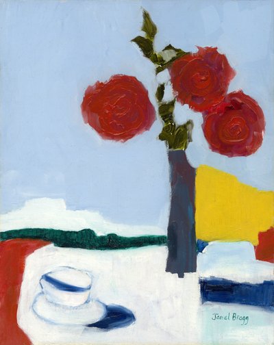 Natureza morta de rosa e chávena de chá, c.2014 (óleo sobre papel) de Janel Bragg