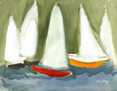 Barcos à vela em Puget Sound, c.2020 (caseína e aguarela sobre papel) de Janel Bragg