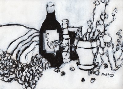 Natureza morta com azeite e pinhas, c.2017 (carvão e gesso sobre papel) de Janel Bragg