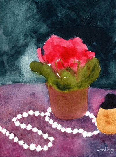 Natureza morta com pérolas e frasco de perfume, c.2024 (aguarela sobre papel) de Janel Bragg