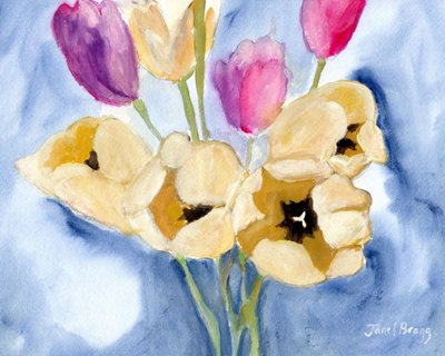 Tulipas na mesa de jantar da mãe, c.2016 (caseína e aguarela sobre papel) de Janel Bragg
