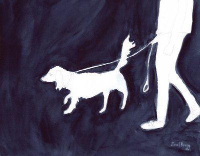 Mulher a passear o cão na Commercial Avenue, c.2021 (aguarela e lápis sobre papel) de Janel Bragg