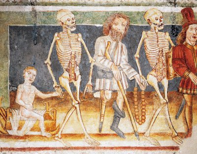 Igreja fortificada de Hrastovlje, Igreja da Trindade, Morte acompanhando crianças e pobres, Dança da Morte (1490), detalhe de afrescos de Janez Iz Kastva (1490), Eslovênia de Janez Kastav