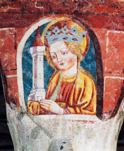 Igreja fortificada de Hrastovlje, Igreja da Trindade, Santa Bárbara, detalhe dos frescos de Janez Iz Kastva (1490), Eslovénia de Janez Kastav