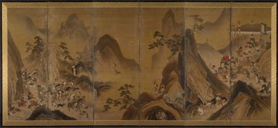 Caça aos tártaros em uma paisagem montanhosa de Japan, Edo period