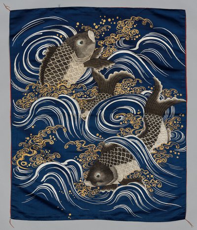 Capa de presente (Fukusa) com carpa em ondas de Japan, Meiji period