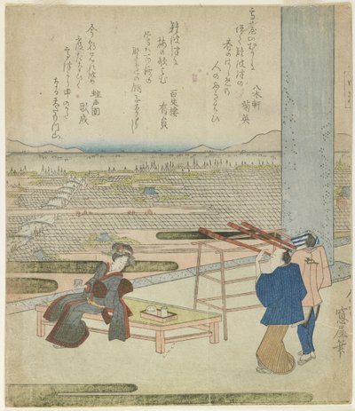 (Mulher e dois homens curtindo a vista de um prédio em uma colina), década de 1820 (impressão em xilogravura colorida) de Japanese School