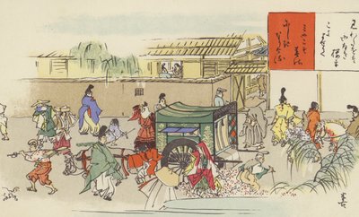 Uma rua apinhada em Hei-an, Quioto (chromolitho) de Japanese School