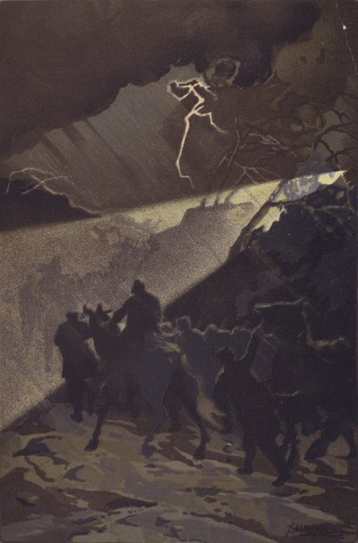 Uma marcha das tropas japonesas numa noite tempestuosa antes do ataque geral a Nan-shan (chromolitho) de Japanese School