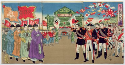 Um encontro entre oficiais japoneses e oficiais coreanos, um episódio da Guerra Sino-Japonesa, final do século XIX (impressão em xilogravura a cores) de Japanese School