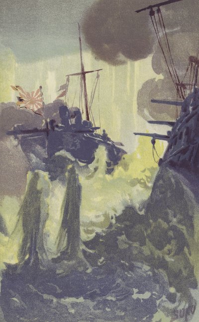 Um Ataque Nocturno por Destruidores de Torpedos Japoneses no Esquadrão Russo ao largo de Port Arthur (chromolitho) de Japanese School