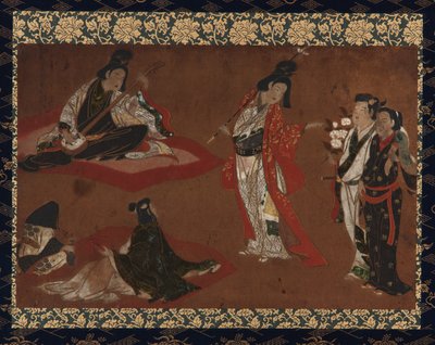 Uma festa de piquenique, rolo de suspensão (montado no painel), início do século 17 (cor e ouro no papel) de Japanese School