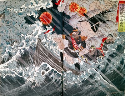Almirante Amedee Anatole Courbet (1827-1885) na captura de Fou-Tcheou em 1884 durante a guerra de Tonel em 1883-85 (impressão em xilogravura a cores) de Japanese School