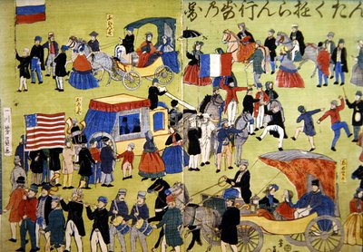 Visitantes americanos, holandeses e franceses chegando a Yokohama no Japão, c.1860 (xilogravura colorida) de Japanese School