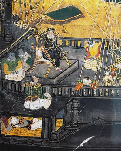 Chegada dos portugueses ao Japão, tela, arte Namban de Japanese School
