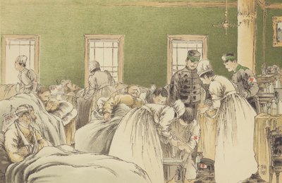 Atendimento aos feridos russos no Hospital Temporário da Sociedade da Cruz Vermelha Japonesa em Chemulpo (chromolitho) de Japanese School
