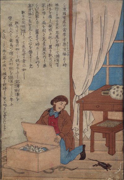 Audubon abrindo sua caixa de aquarelas destruídas por ratos noruegueses, c.1872-77 de Japanese School