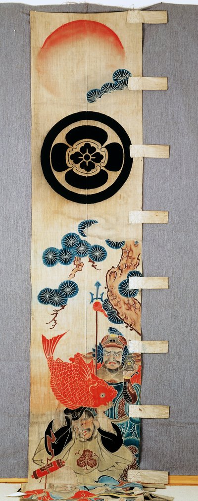 Banner (nobori), detalhe dos motivos dos Sete Deuses da Fortuna, cristas familiares, flor em círculo, em algodão, Tingido em reserva com amido de arroz, com pigmentos, tinta, químicos, tinta, civilização japonesa, período Meiji-Taisho, século XX de Japanese School