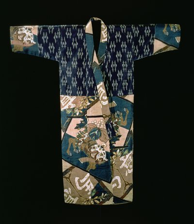 Meninos nagajuban sob quimono com um desenho de cavalos de caparisoned, período Showa, pre 1950 (seda tecida com gravata tingida e stencil impresso decoração) de Japanese School