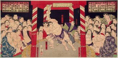 Combat de sumo entre Umegatani Totaro I (1845-1928) e Haibirya. Estampe vers 1860-1870 - Luta livre entre Umegatani e Haibirya, Anônimo . Lenhador colorido de Japanese School