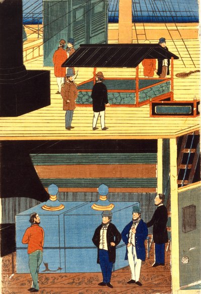 Secção transversal de um navio europeu mostrando homens em traje europeu no convés, no topo, e homens no convés inferior: Yokahama, Japão de Japanese School
