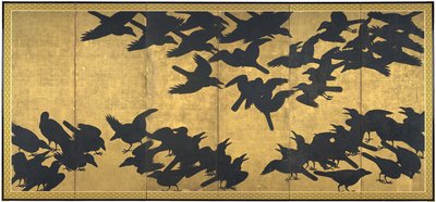 Corvos, início do século 17 (par de seis telas de painel; tinta e ouro no papel) de Japanese School