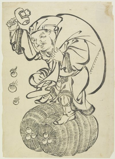 Daikoku Deus dançando em fardos de arroz, de meados ao final do século XVIII (xilogravura) de Japanese School