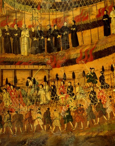 Detalhe de The Martyrdom of the Jesuits in Japan in 1622 (aguarela sobre papel) de Japanese School