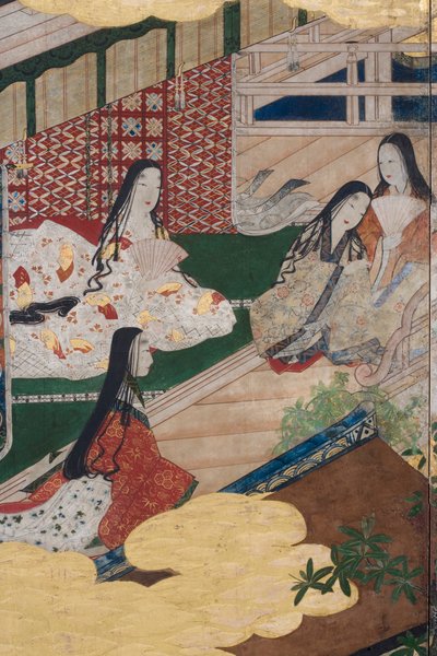 Detalhe da Primavera no Palácio, tela de seis dobras do conto de Genji, c.1650 (tinta, cores e ouro sobre papel) de Japanese School