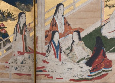 Detalhe da Primavera no Palácio, tela de seis dobras do conto de Genji, c.1650 (tinta, cores e ouro sobre papel) de Japanese School