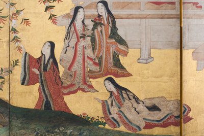 Detalhe da Primavera no Palácio, tela de seis dobras do conto de Genji, c.1650 (tinta, cores e ouro sobre papel) de Japanese School