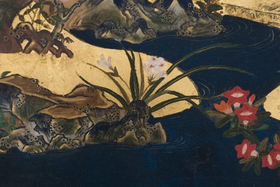 Detalhe da Primavera no Palácio, tela de seis dobras do conto de Genji, c.1650 (tinta, cores e ouro sobre papel) de Japanese School