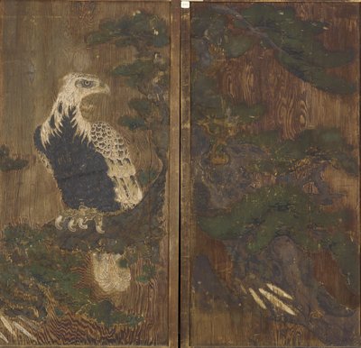 Águia em um pinheiro, período Momoyama, possivelmente do século 17 (tinta e cor na madeira) de Japanese School