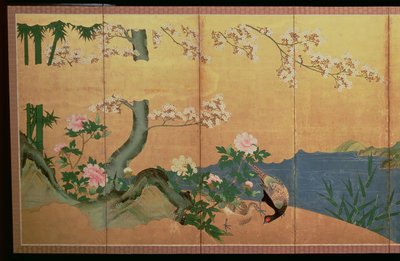 Garças em um riacho com uma ilha de íris, período Edo de Japanese School