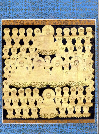 Oitenta e cinco actuações do Buda japonês Amida Bosatsu. Pintura em tela do século XVII. de Japanese School