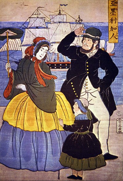Família europeia na frente do porto de Yokohama pintada por um artista japonês em 1861 de Japanese School