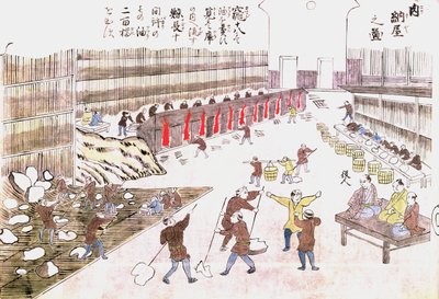 Fábrica para a preparação de produtos de baleia, final do século XIX (gravura a cores) de Japanese School
