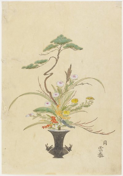 Arranjo de flores por Takada Anritsub Untai; Pinho, crisântemo e camélia (impressão de xilogravura colorido à mão) de Japanese School