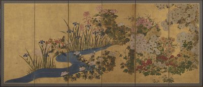 Flores e um riacho, telas de Japanese School