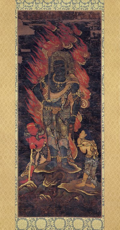 Fudo Myoo e Dois Assistentes (tinta e cor sobre seda) de Japanese School