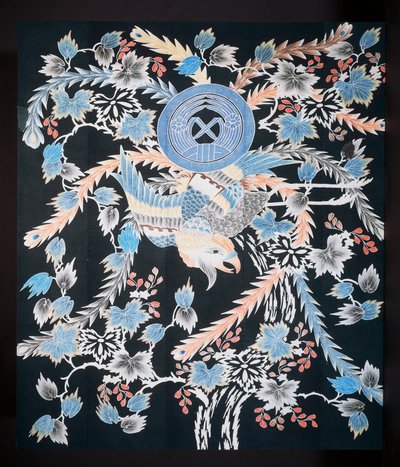 Colcha Futonji com motivos de fênix, paulownia e narcisos, algodão, corante com anil, pigmento e tinta de Japanese School