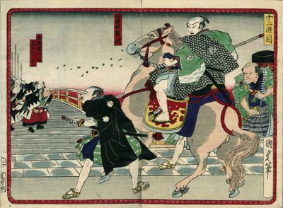 Grupo de samurais em uma ponte (incluindo um cavalo) - em "A vingança dos 47 ronins" do século XIX: Serie de Kabouki de Japanese School