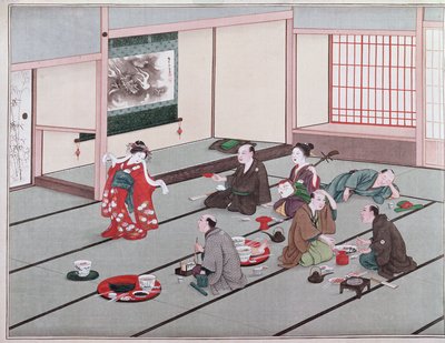 Japonês comendo, bebendo e se divertindo na casa de chá (wc) de Japanese School